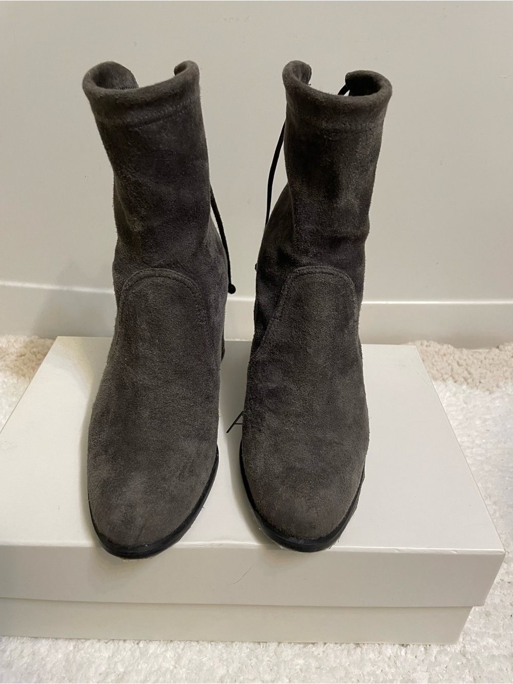 The Stuart Weitzman Shorty Slate Suede Boots 6